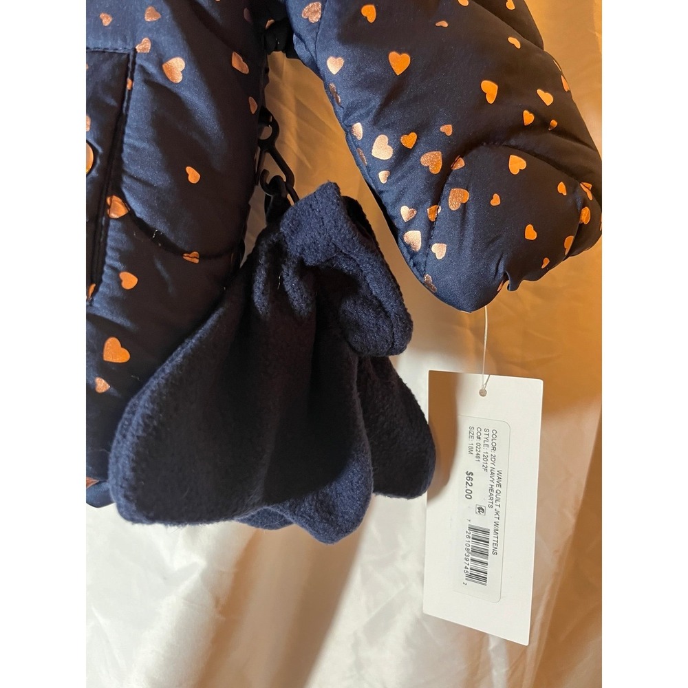 Rothschild Baby Girls Infant Jacket Navy Blue Gold Hearts 12 Months Mittens Hood - Picture 2 of 7